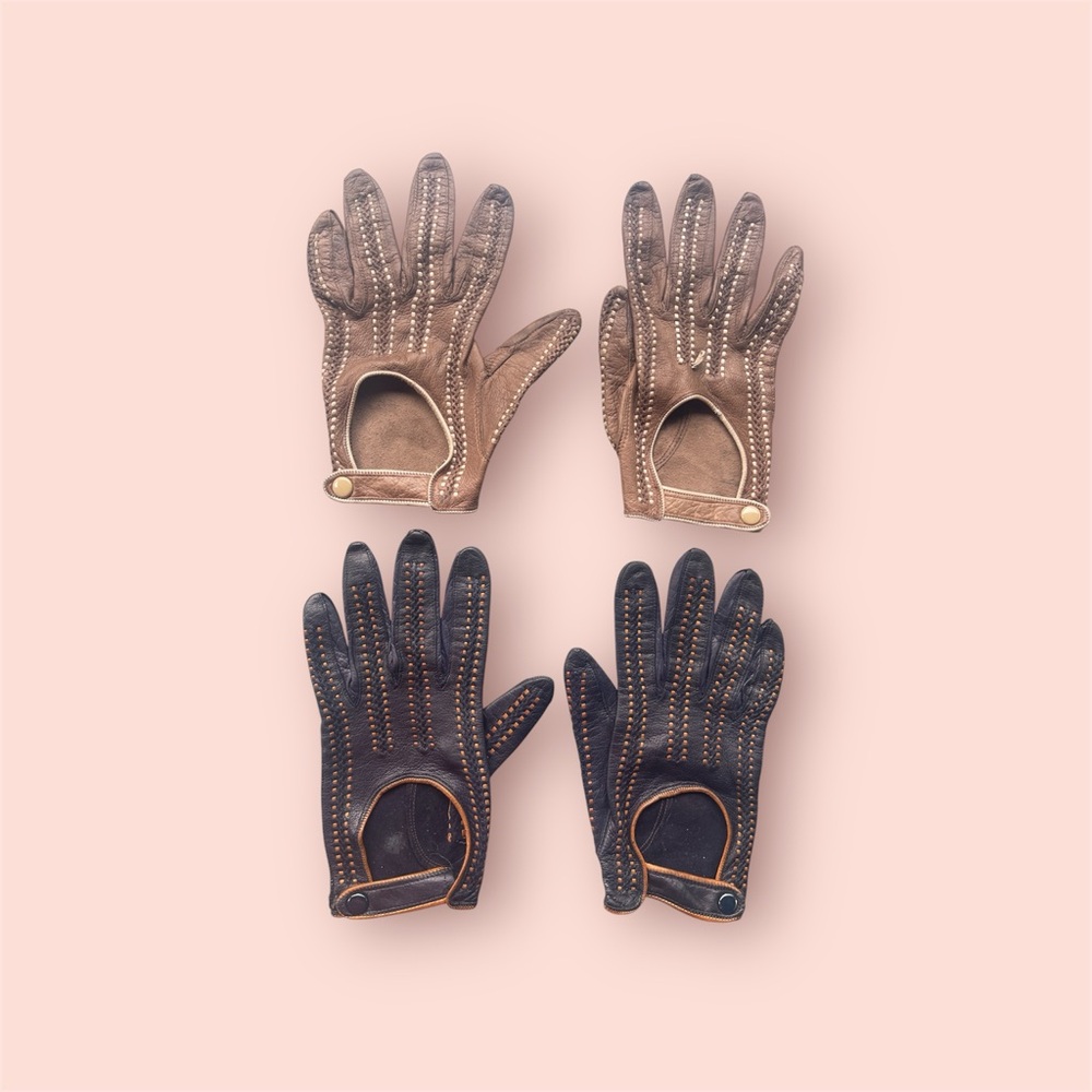 Set of 2 lamb skin driving gloves navy blue dark tan with intricate stitching
